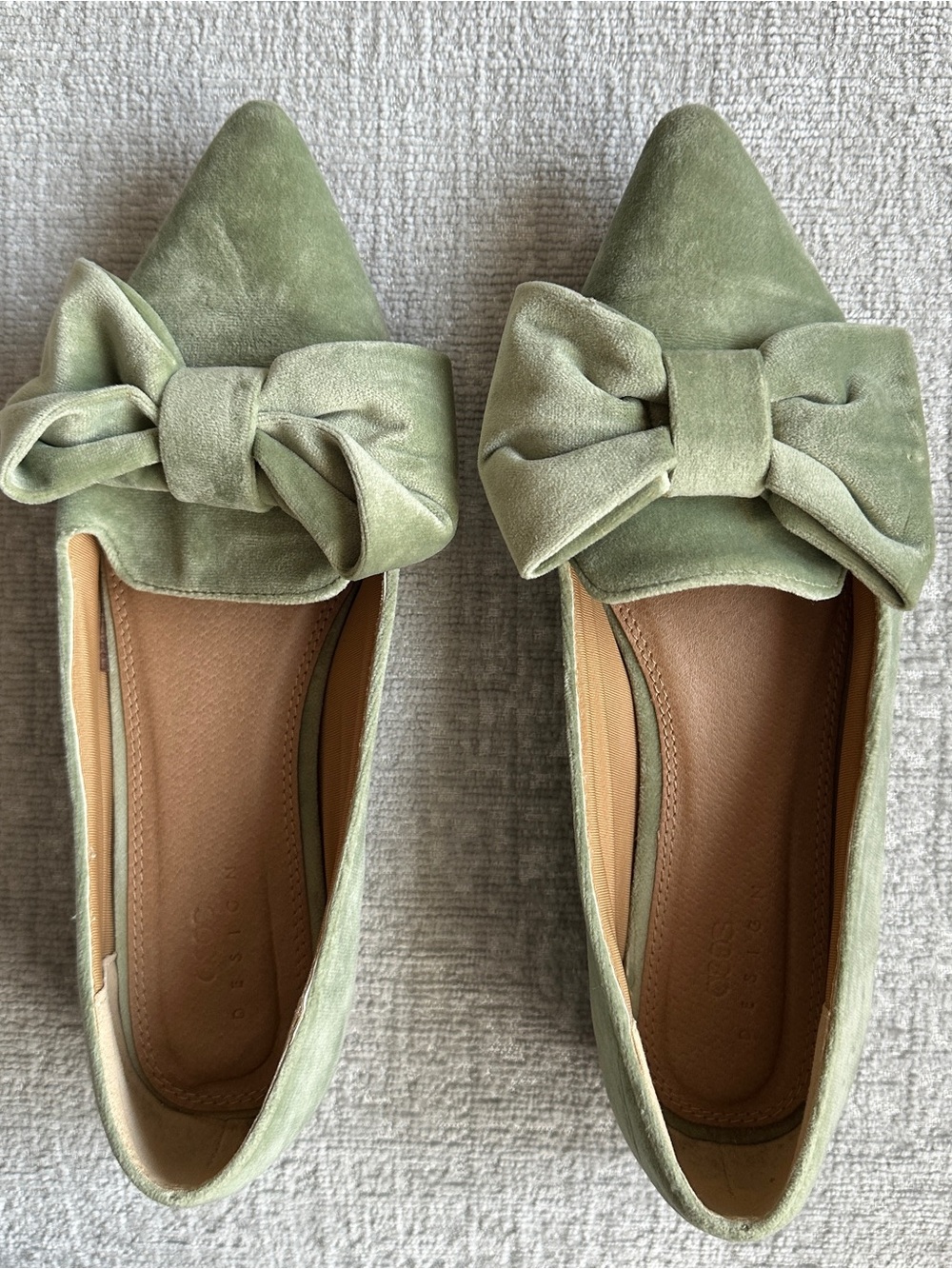 ASOS Sage Green Pointed Bow Velvet Loafer Flats